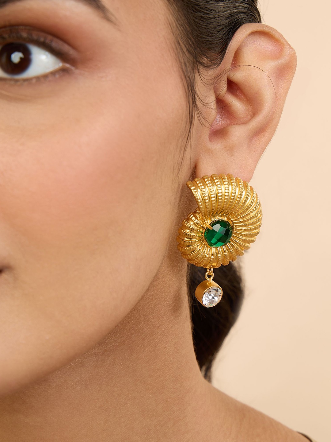 

MNSH Gold-Plated Artificial Stones Studded Shell Drop Earrings