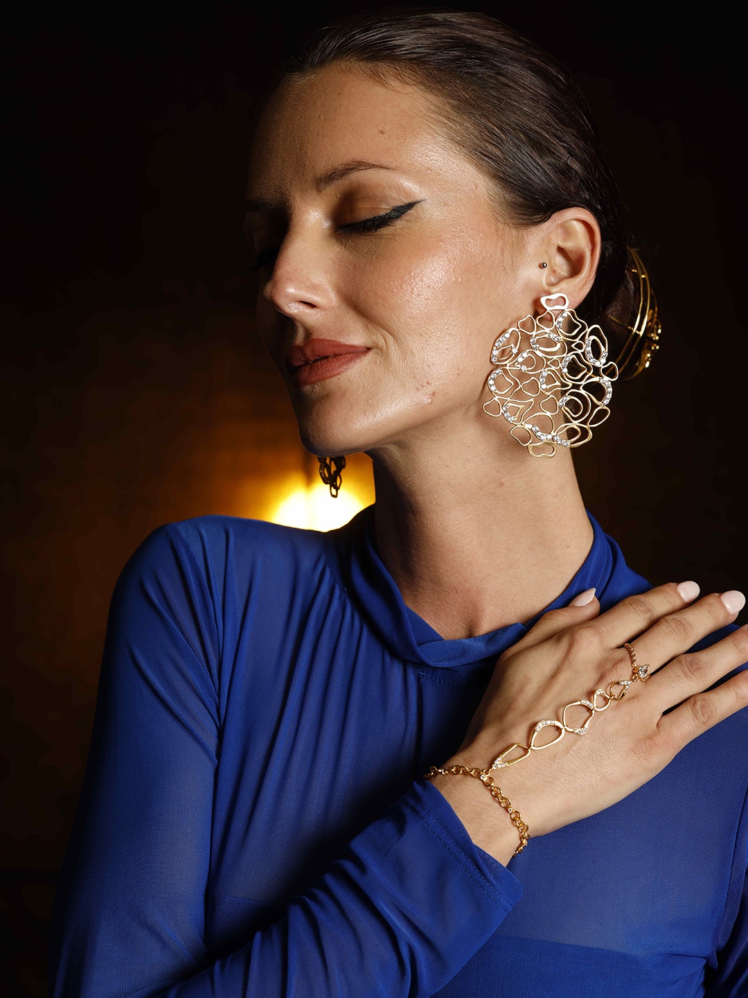 

MNSH Flow Diamond Gold-Plated Artificial Stones Studded Contemporary Drop Earrings