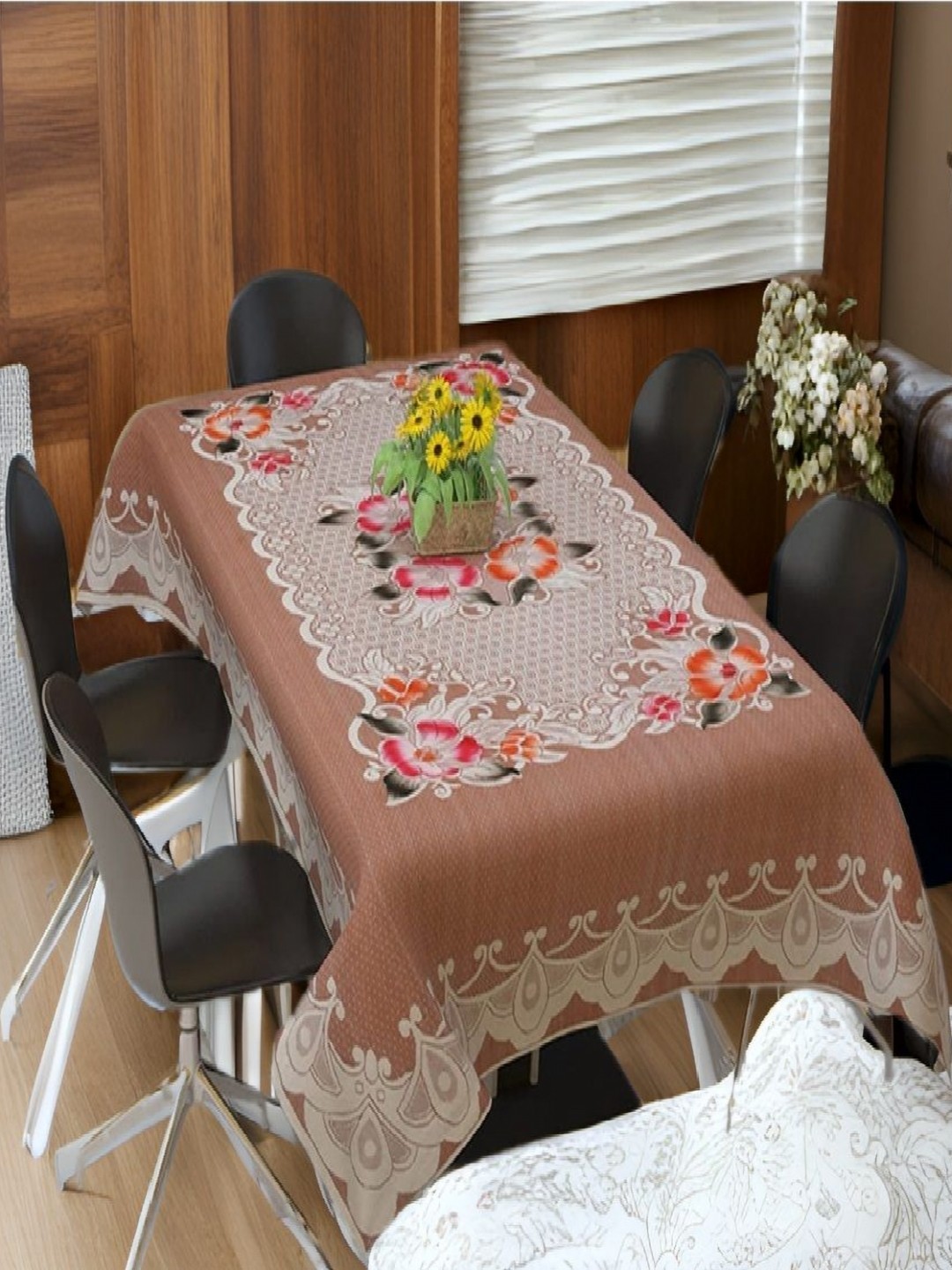 

REVEXO Peach-Coloured and Brown Floral Printed 4-Seater Table Cover