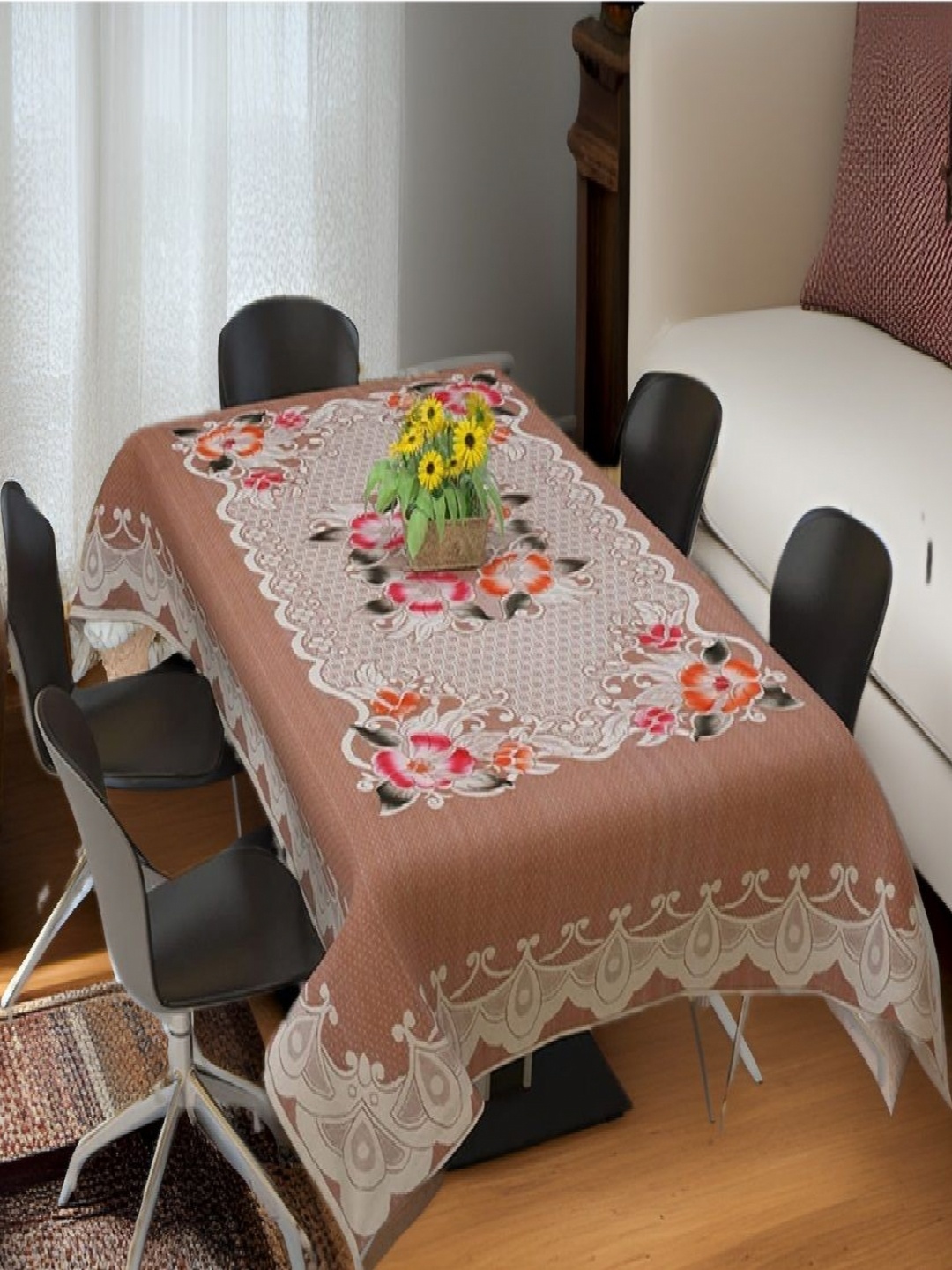 

REVEXO Peach-Coloured Floral Printed Rectangle 4-Seater Table Covers