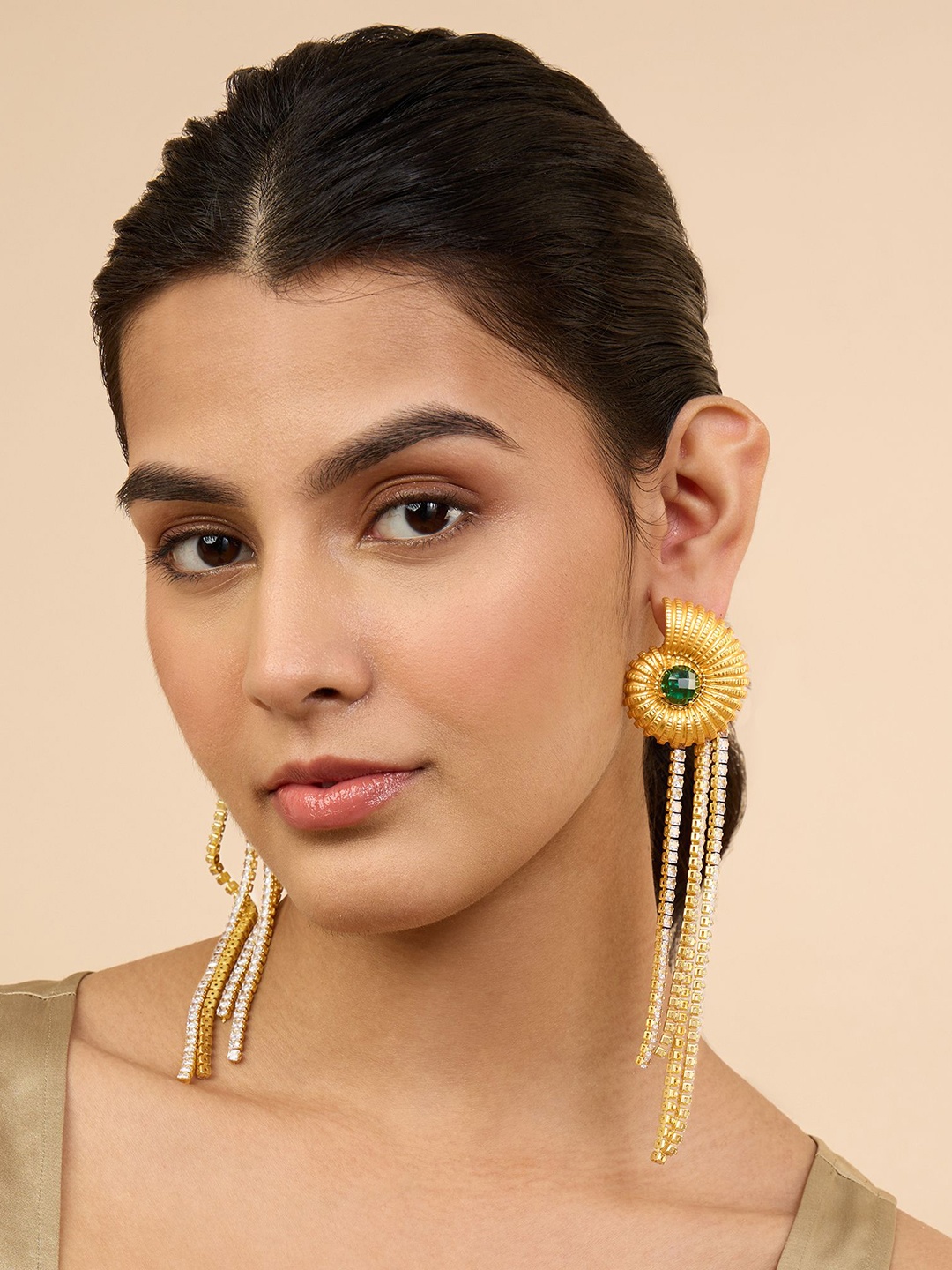 

MNSH Shell Swarovski Danglers Gold-Plated Stones Studded Contemporary Drop Earrings