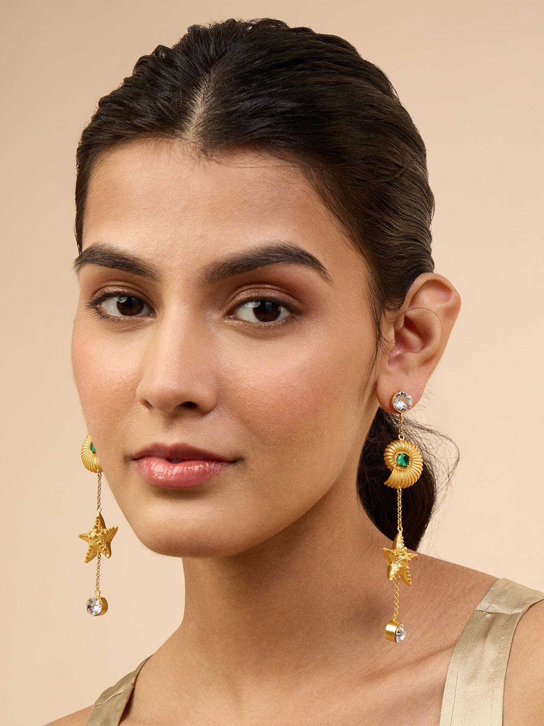 

MNSH Gold-Plated Artificial Stones Studded Contemporary Drop Earrings