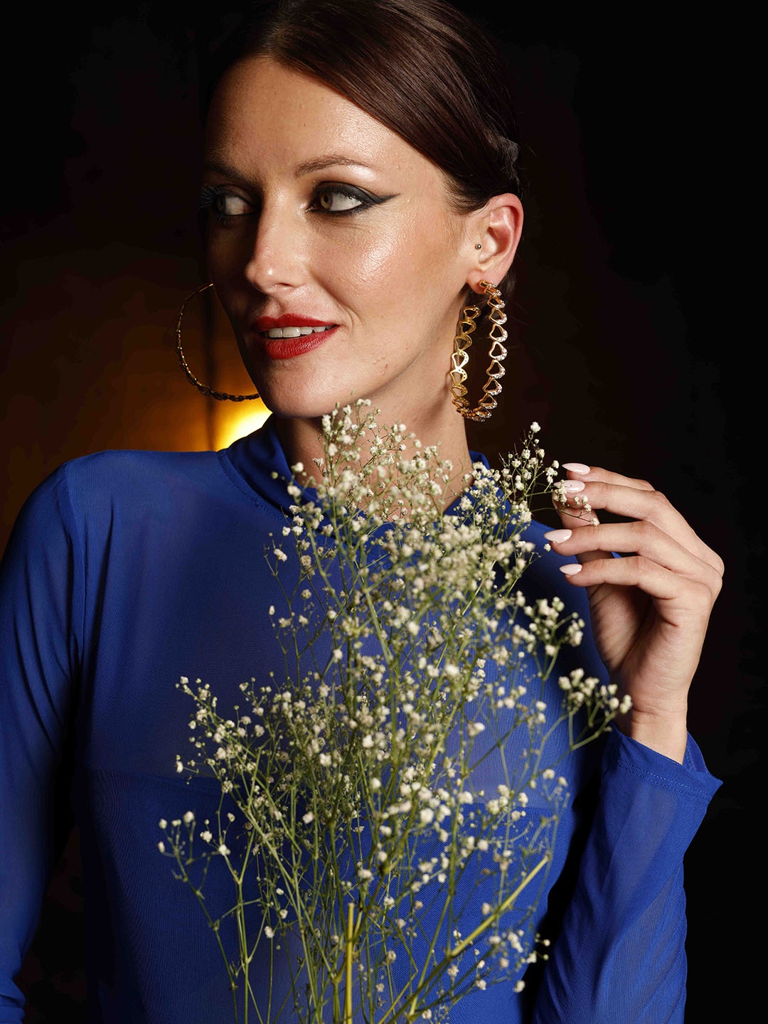 

MNSH Gold-Plated Artificial Stones Studded Contemporary Flow Statement Hoops Earrings