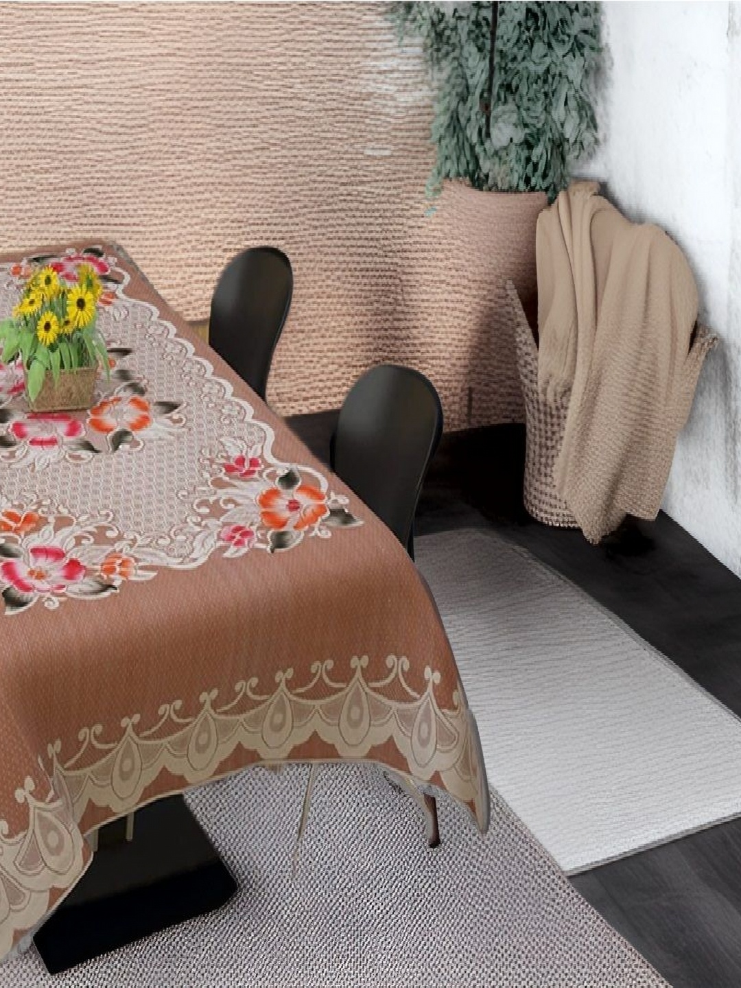 

REVEXO Peach-Coloured & White Floral Printed 4-Seate Table Cover
