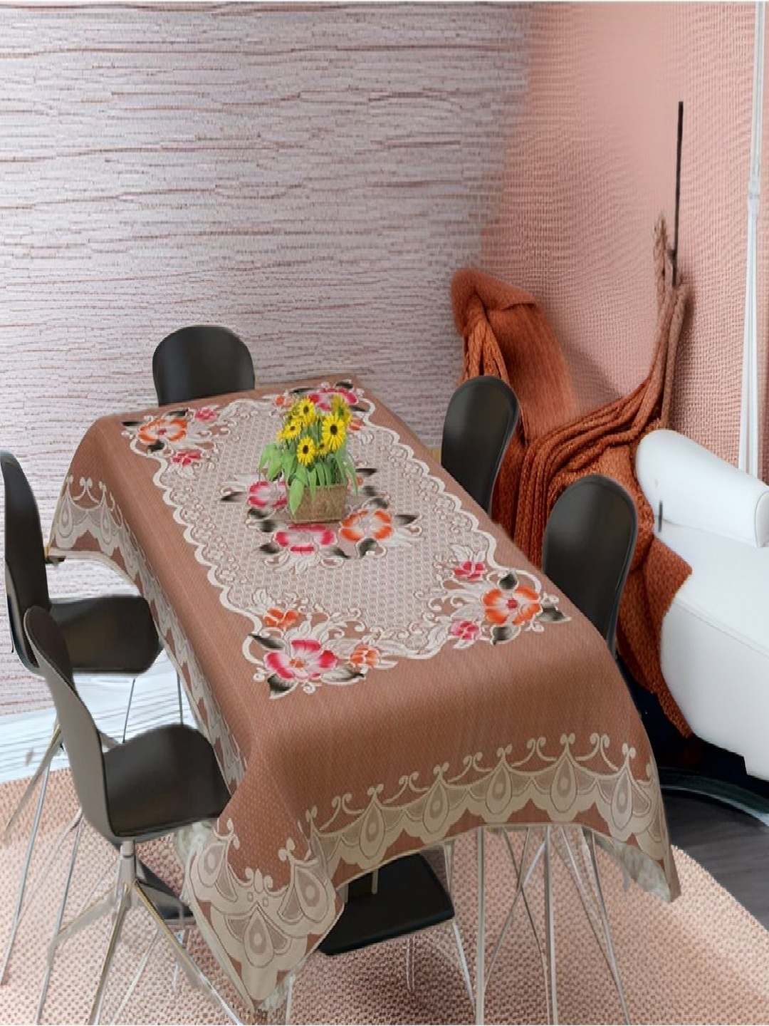 

REVEXO Peach-Coloured and White Floral Printed 4-Seater Table Cover