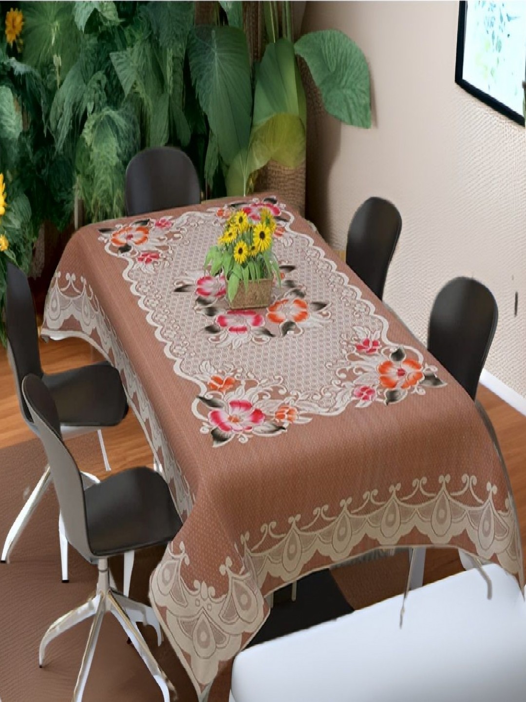 

REVEXO Peach-Coloured Floral Printed 4-Seater Table Cover