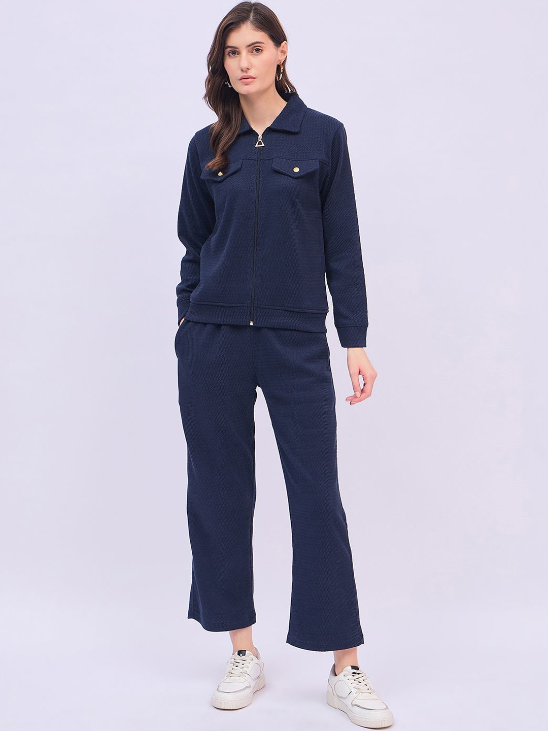 

UNEMODE Self Design Shirt Collar Sweatshirt And Trouser, Navy blue