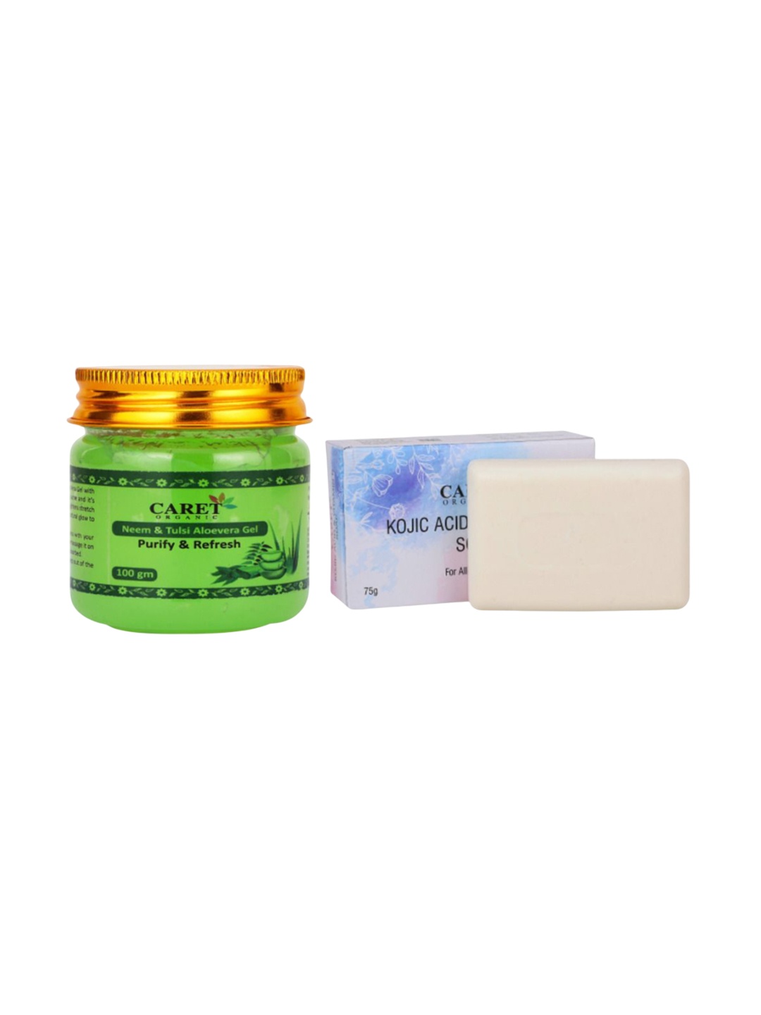 

CARET ORGANIC Set Of 2 Neem, Aloevera Gel - 100 g & Kojic Soap - 75 g, White