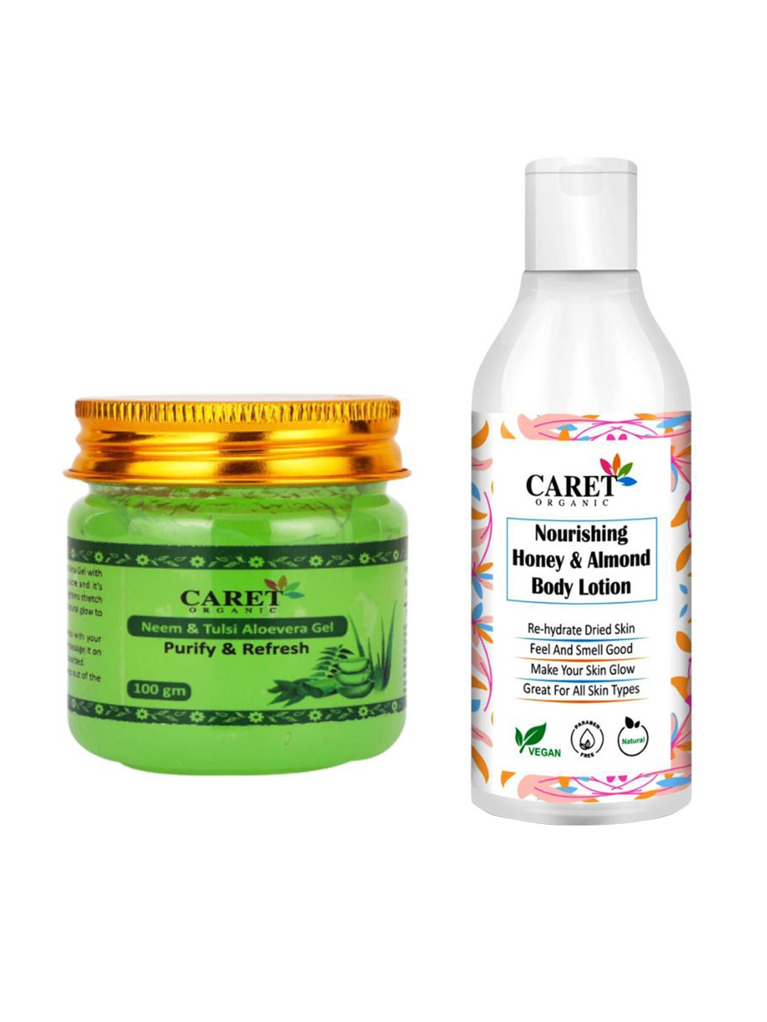 

CARET ORGANIC Set Of 2 Neem, Tulsi Aloevera Gel - 100 g & Honey Body Lotion - 250 ml, White