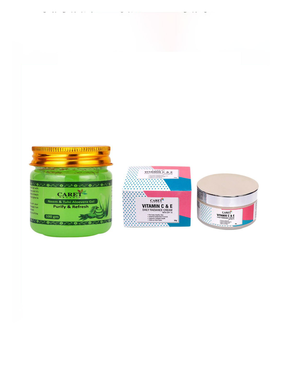 

CARET ORGANIC Set Of 2 Aloevera Neem, Tulsi Gel - 100 g & Daily Radiance Cream - 50 g, White