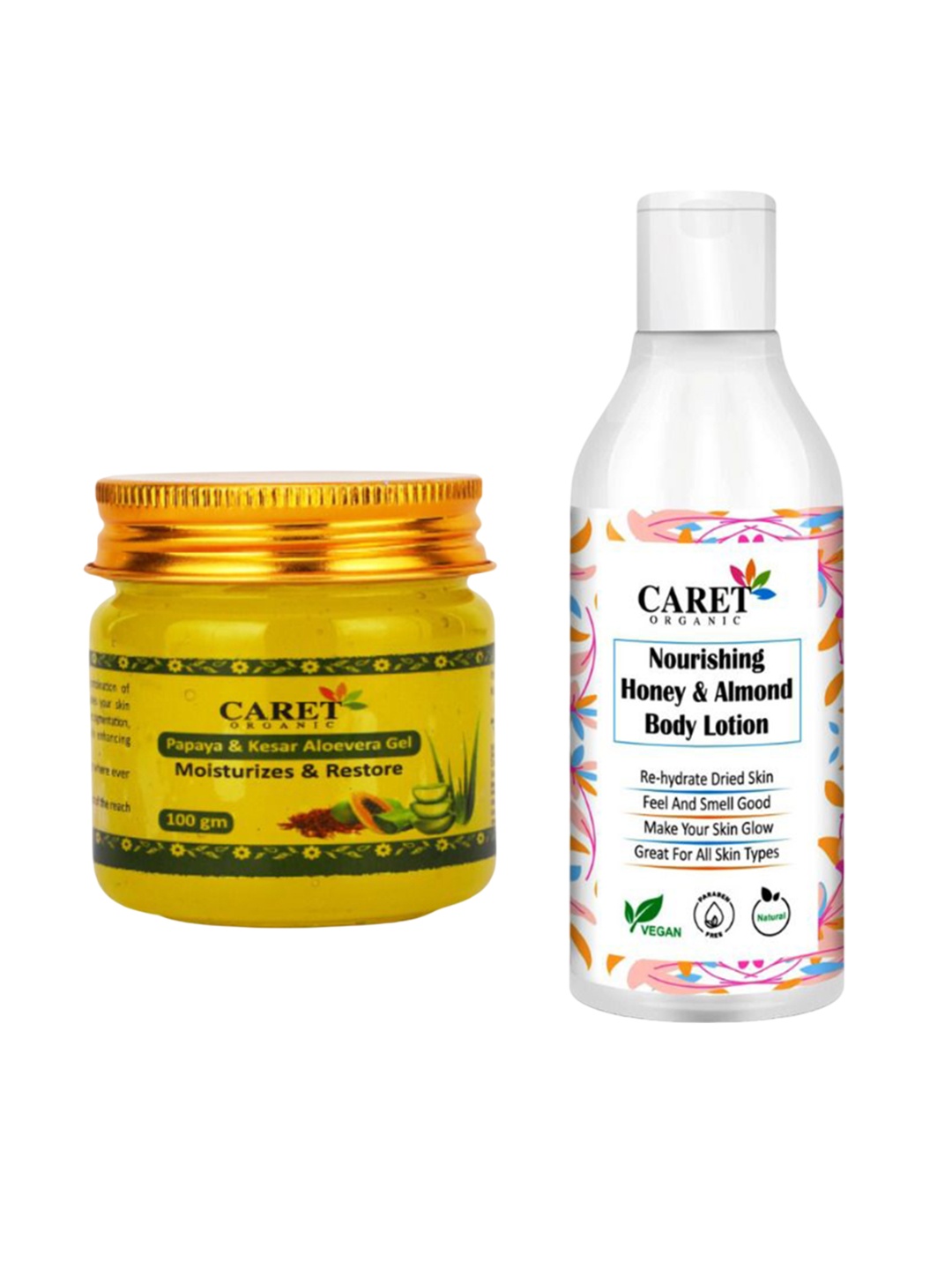 

CARET ORGANIC Set Of 2 Papaya, Kesar Aloevera Gel - 100 g & Honey Body Lotion - 250 ml, White