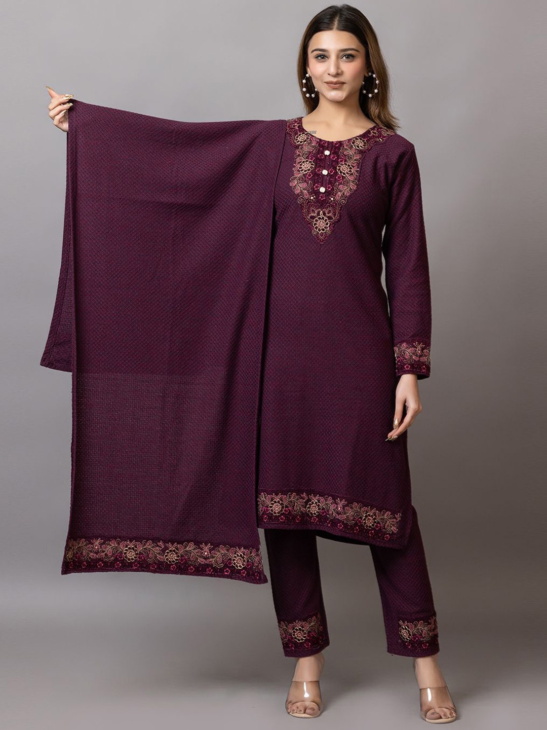 

Wool's Kart Floral Embroidered Thread Work Straight Kurta With Trouser & Dupatta, Purple