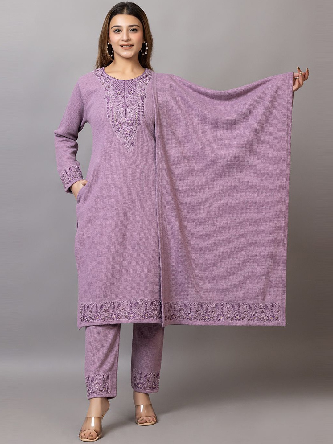 

Wool's Kart Floral Embroidered Thread Work Straight Kurta With Trouser & Dupatta, Purple