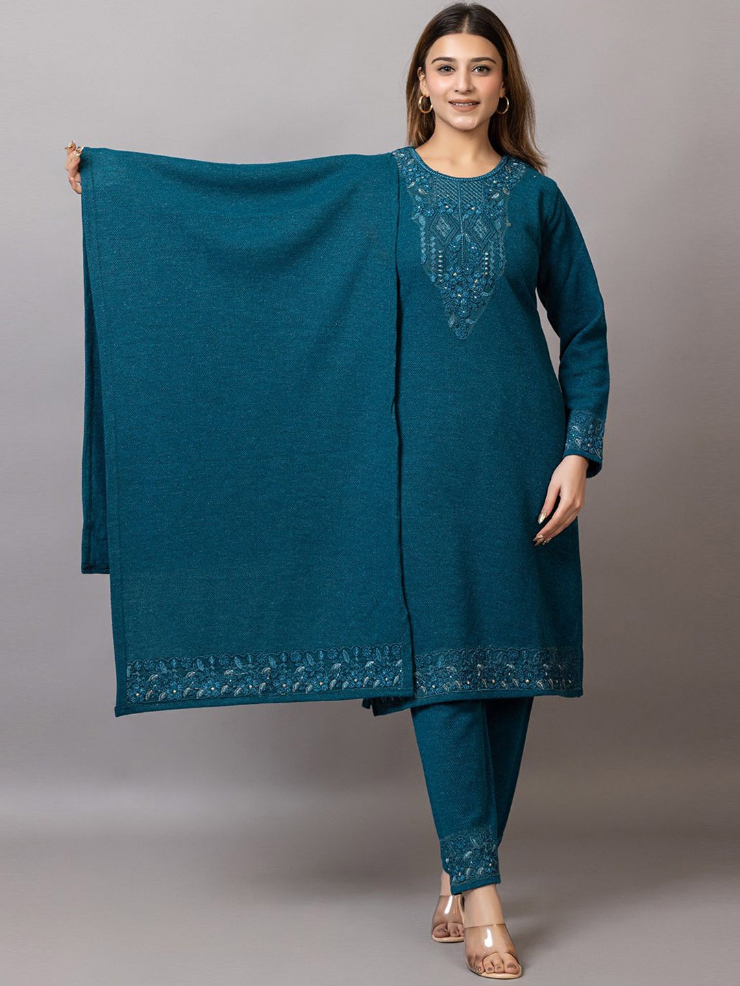 

Wool's Kart Floral Embroidered Thread Work Straight Kurta With Trouser & Dupatta, Teal