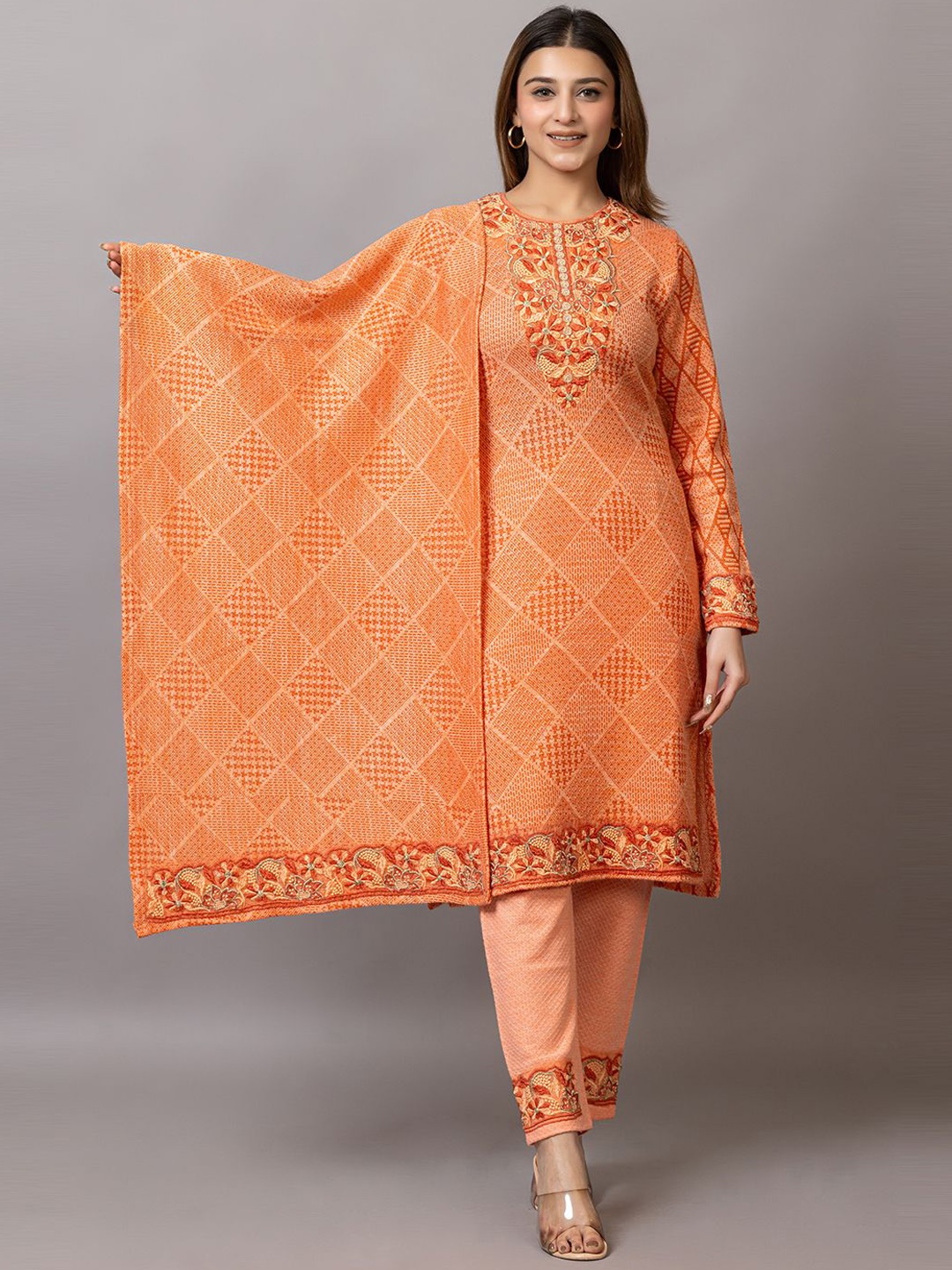 

Wool's Kart Geometric Printed Thread Work Straight Kurta With Trouser & Dupatta, Orange