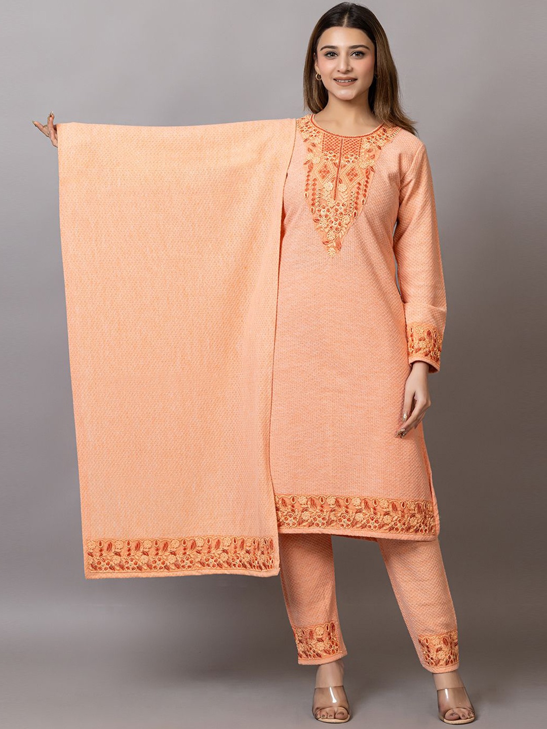 

Wool's Kart Floral Embroidered Thread Work Straight Kurta With Trouser & Dupatta, Orange