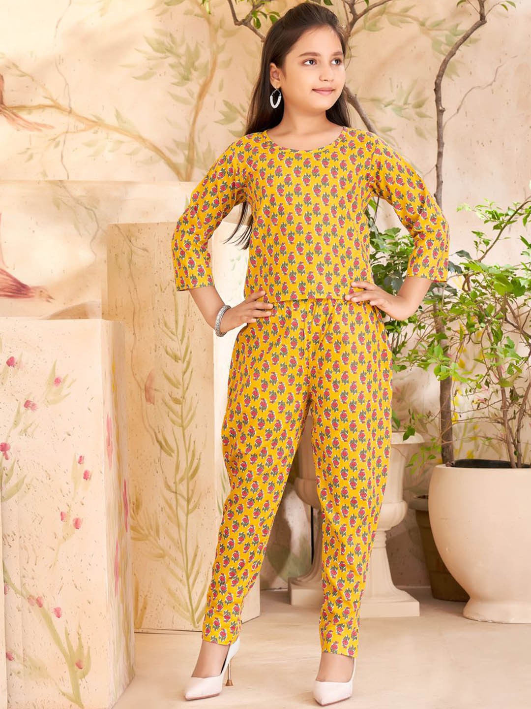 

Sangria Girls Mustard Floral Printed Pure Cotton Top & Trousers, Yellow