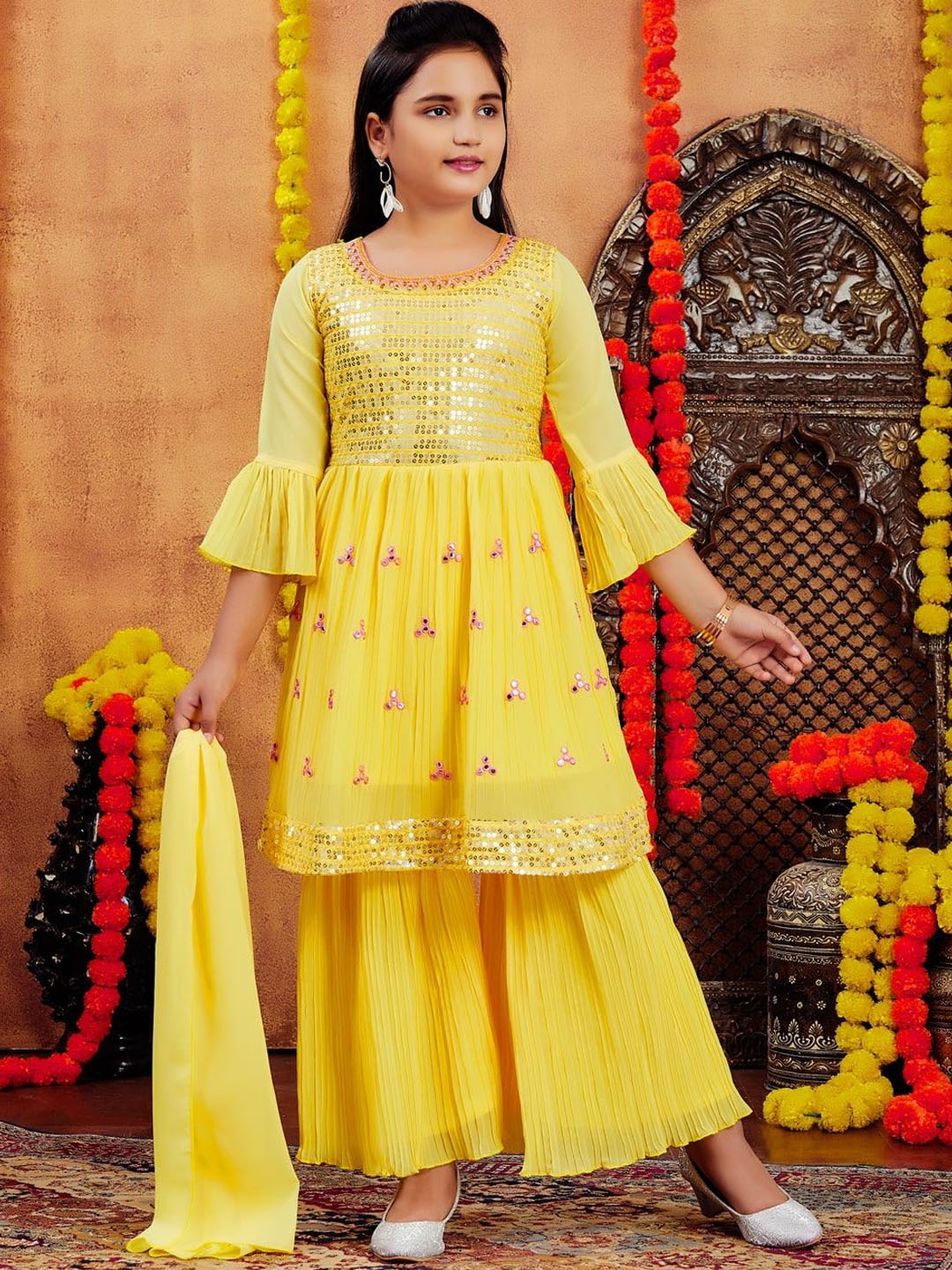

Sangria Girls Sequin Embroidered A-Line Kurta With Sharara & Dupatta, Yellow