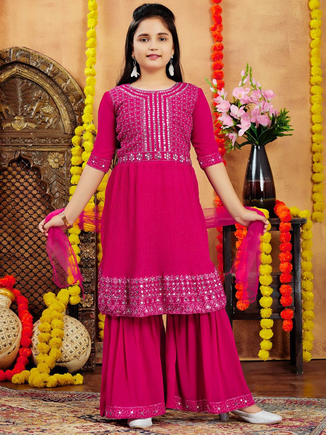 

Sangria Girls Floral Embroidered Mirror Work Straight Kurta And Sharara With Dupatta, Pink