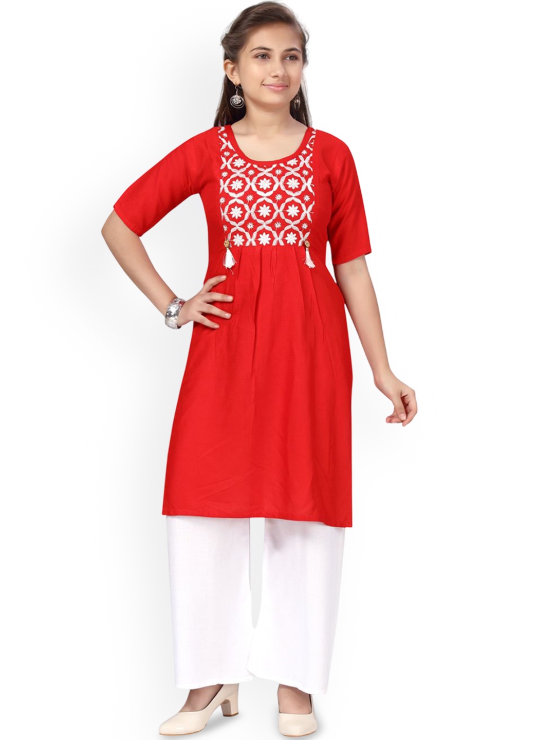 

Sangria Girls Geometric Printed Round Neck Pure Cotton Kurta & Palazzo, Red