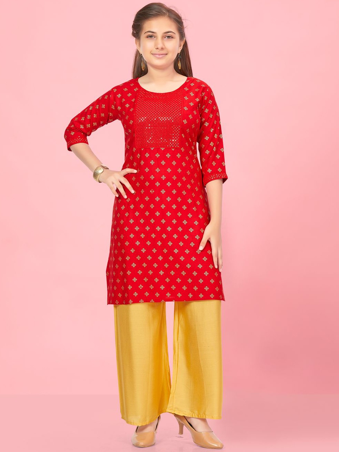 

Sangria Girls Geometric Printed Round Neck Thread work Straight Kurta & Palazzos, Red