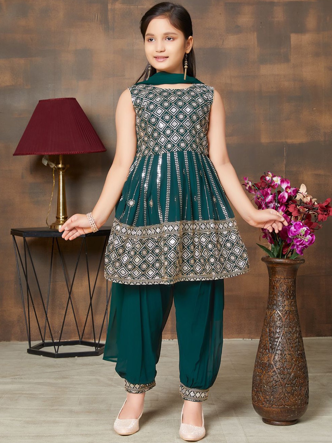 

Sangria Girls Sequinned Round Neck A-Line Kurta With Patiala & Dupatta, Green