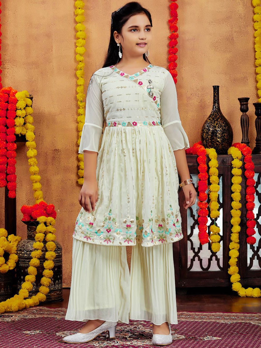 

Sangria Girls Cream Floral Embroidered Sequinnce Embellished Georgette Kurta And Sharara