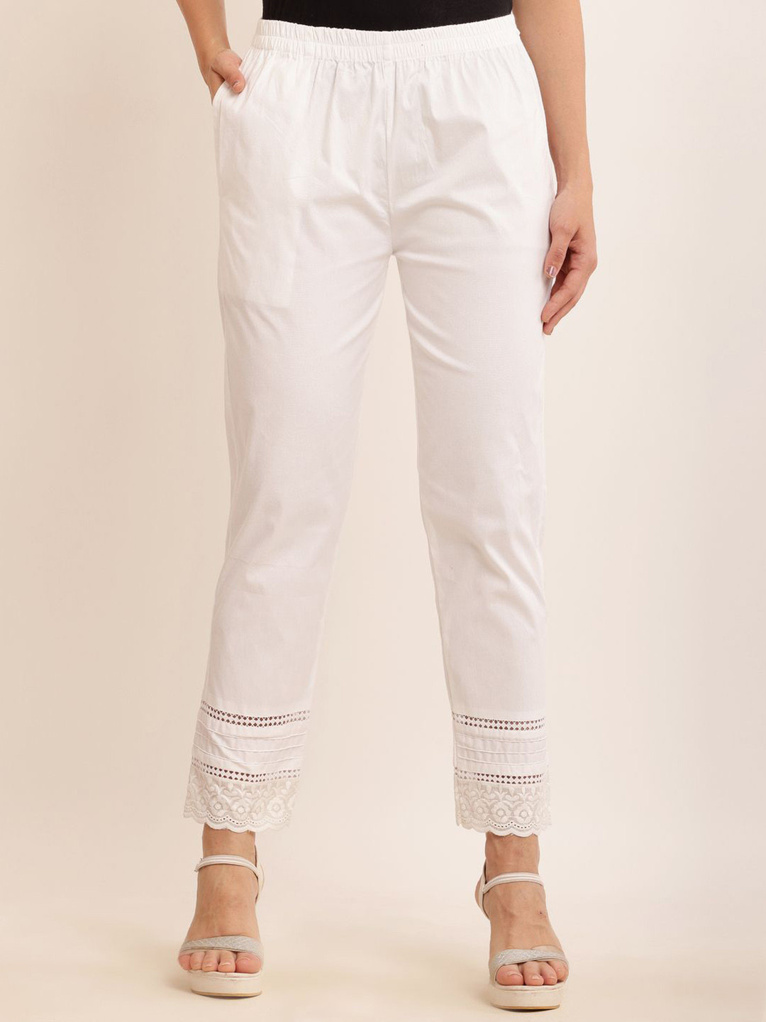 

Sellingsea Women Plain Lace Work Regular Fit Cigarette Trousers, White