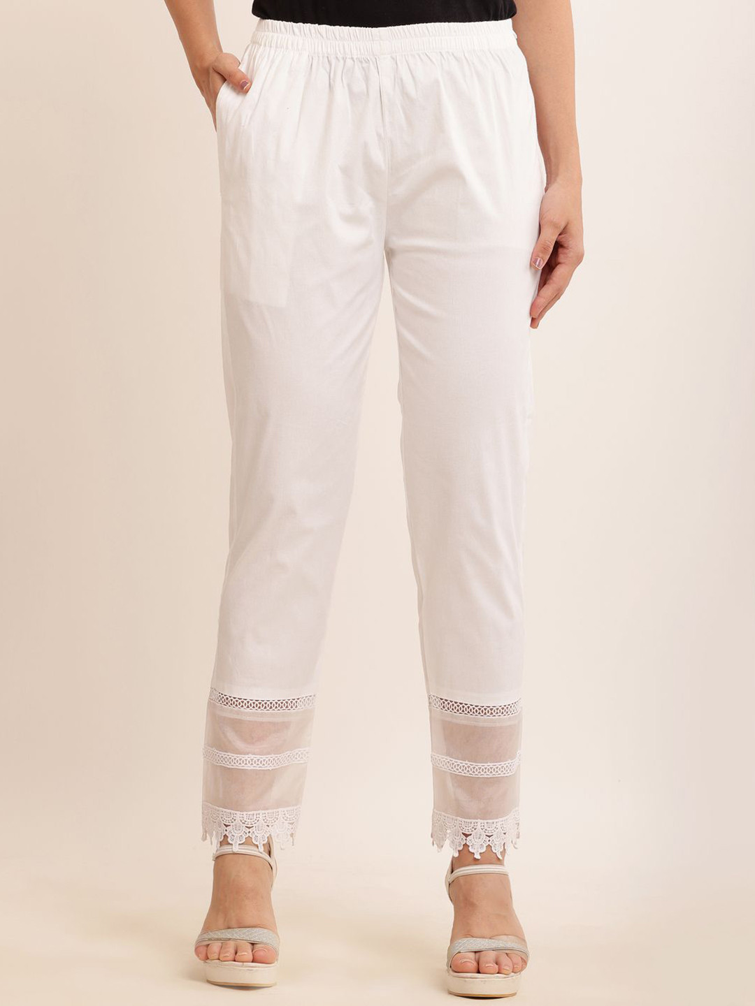 

Sellingsea Women Regular Fit Lace and Tissue Work Trousers, White