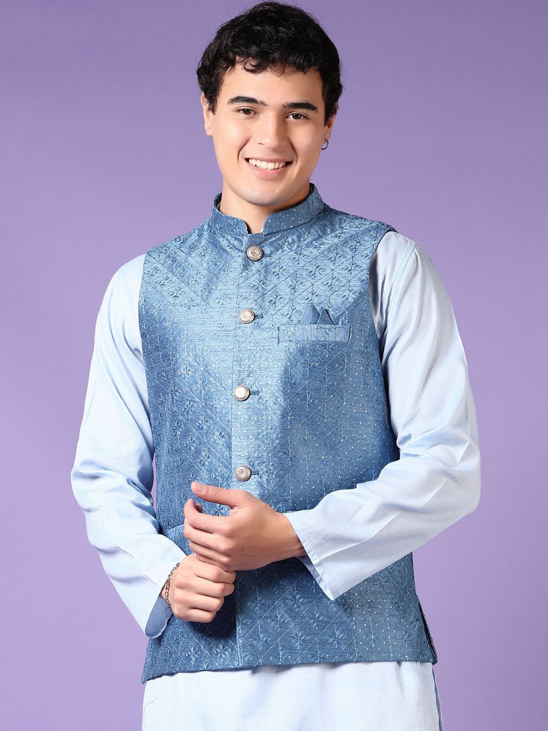 

V-Mart Men Self Design Mandarin Collar Nehru Jacket, Blue