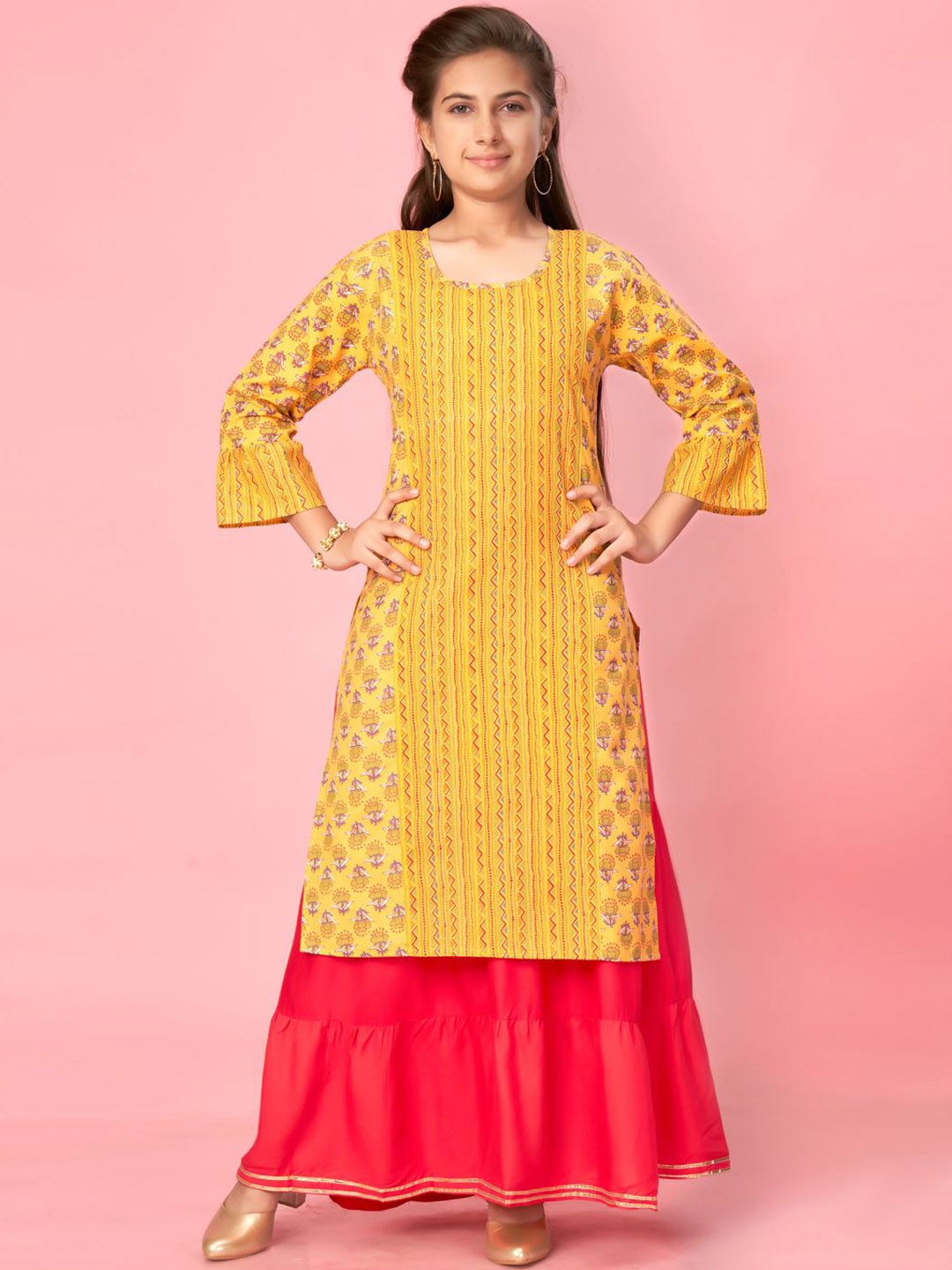 

Sangria Girls Yellow Chevron Printed Round Neck A-Line Kurta