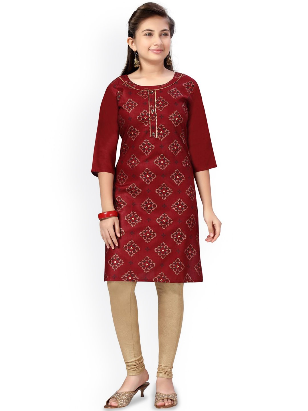 

Sangria Girls Maroon Bandhani Printed Round Neck Pure Cotton Straight Kurta