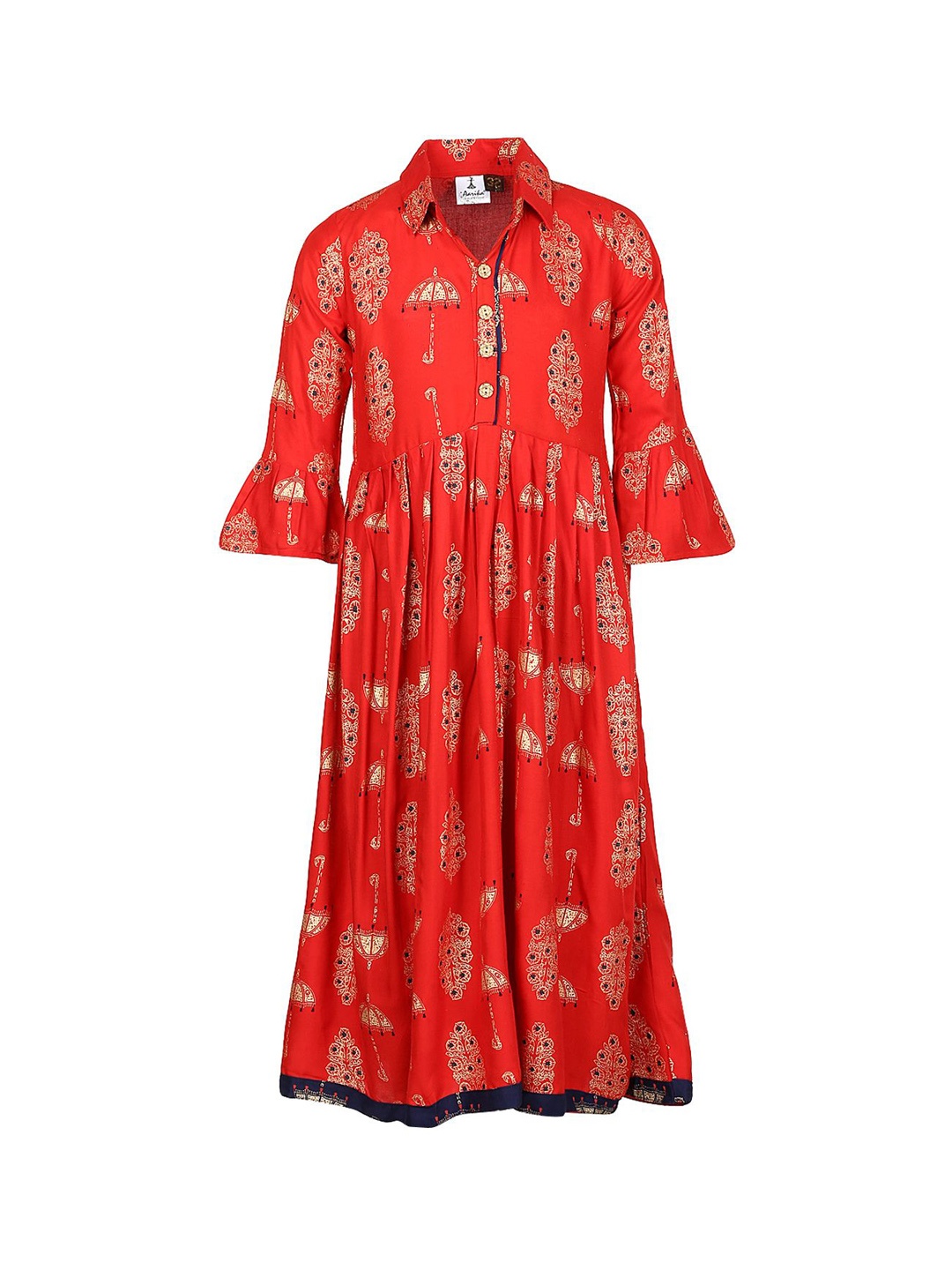 

Sangria Girls Red Ethnic Motifs Printed Shirt Collar Pure Cotton Kurta