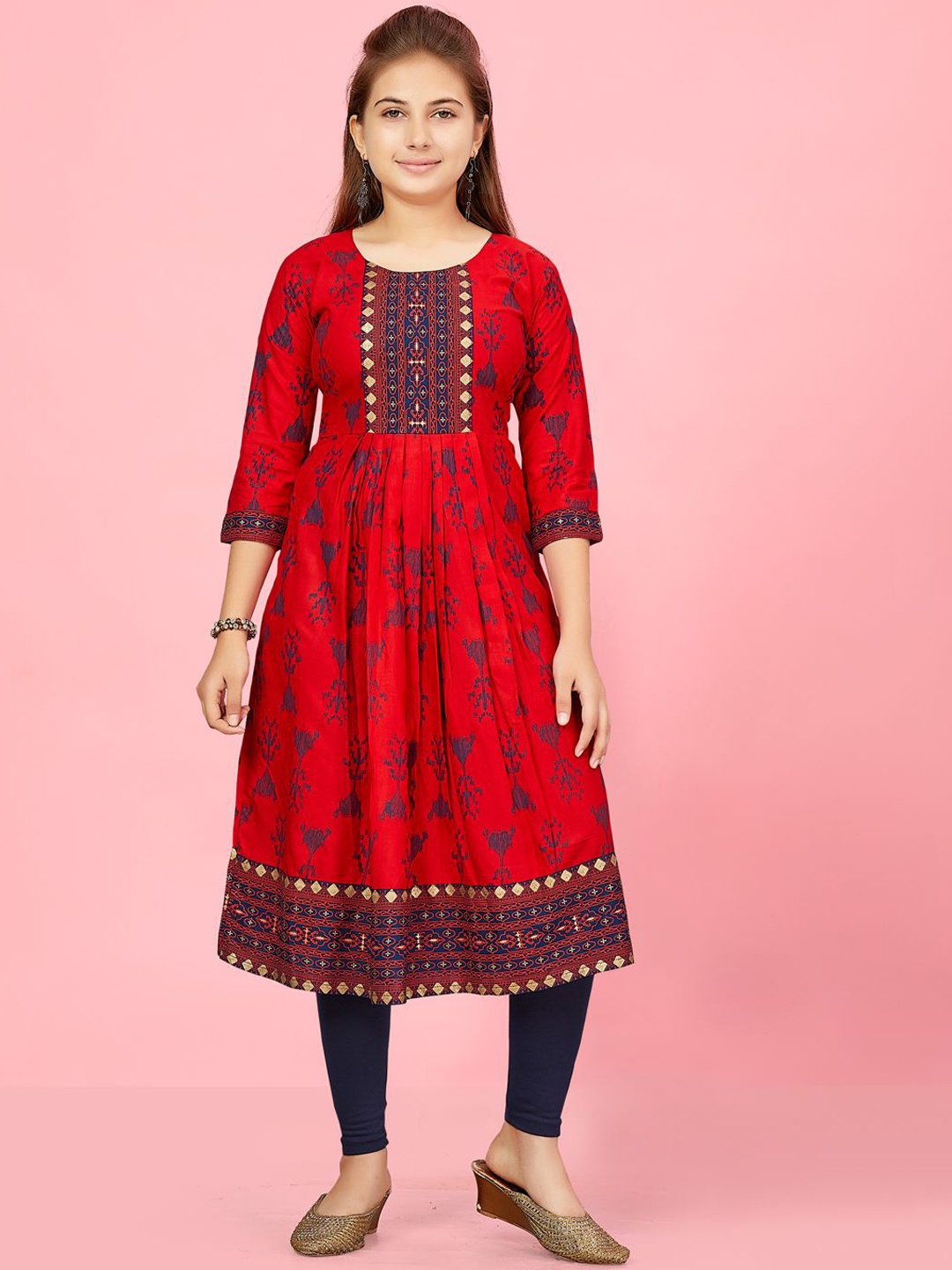 

Sangria Girls Red Ethnic Motifs Printed Round Neck Pleated Cotton Anarkali Kurta