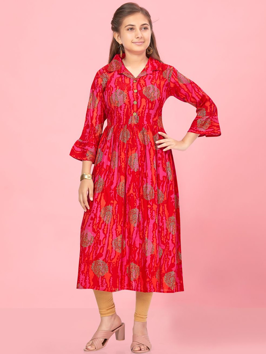 

Sangria Girls Red Floral Printed Pleated Shirt Collar Pure Cotton A-Line Kurta