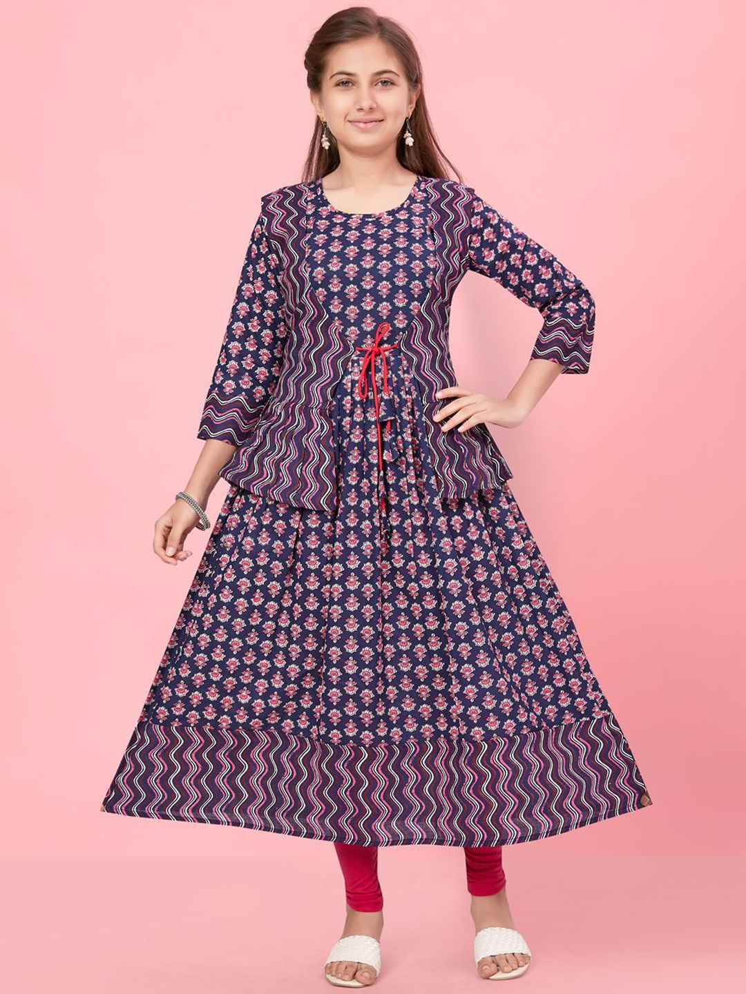 

Sangria Girls Navy Blue Ethnic Motifs Printed Round Neck A-Line Kurta With Jacket