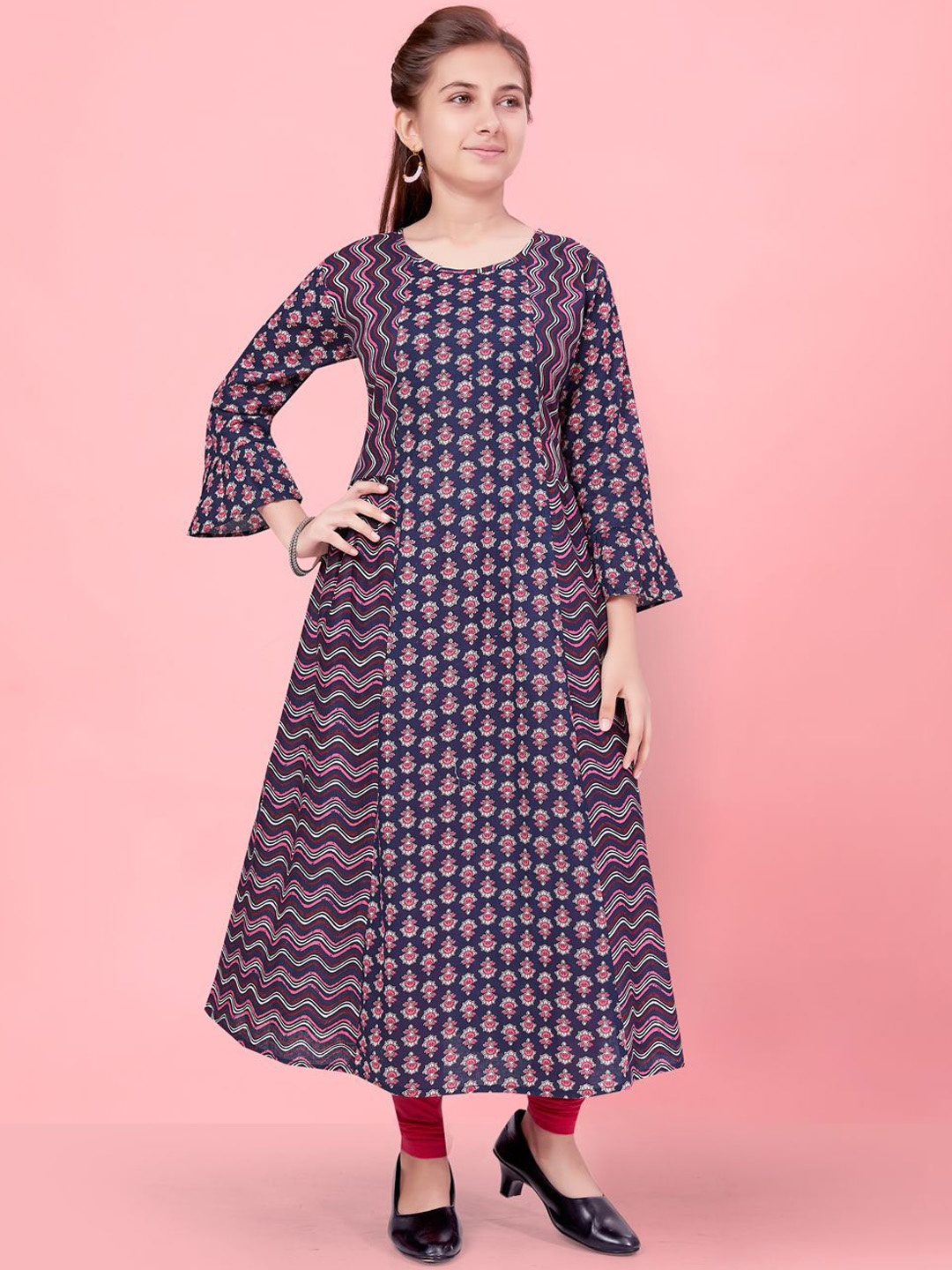 

Sangria Girls Purple Floral Printed Round Neck A-Line Kurta