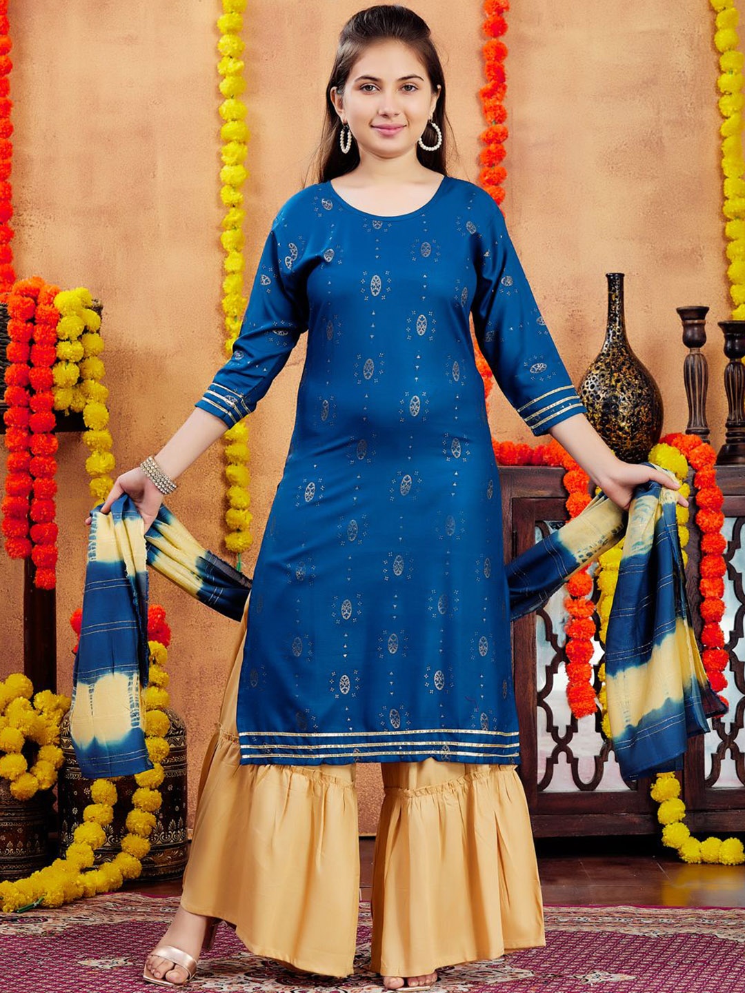 

Sangria Girls Floral Printed Pure Cotton Ethnic Anarkali Kurta, Teal