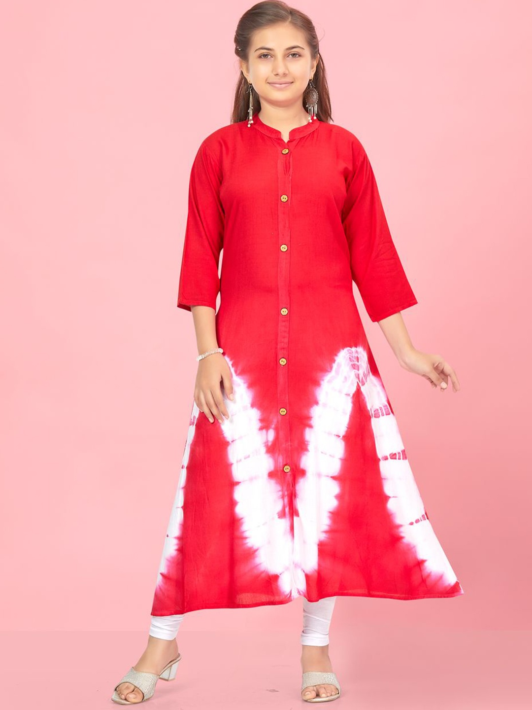 

Sangria Girls Red Tie & Dye Printed High Slit Mandarin Collar A-Line Kurta