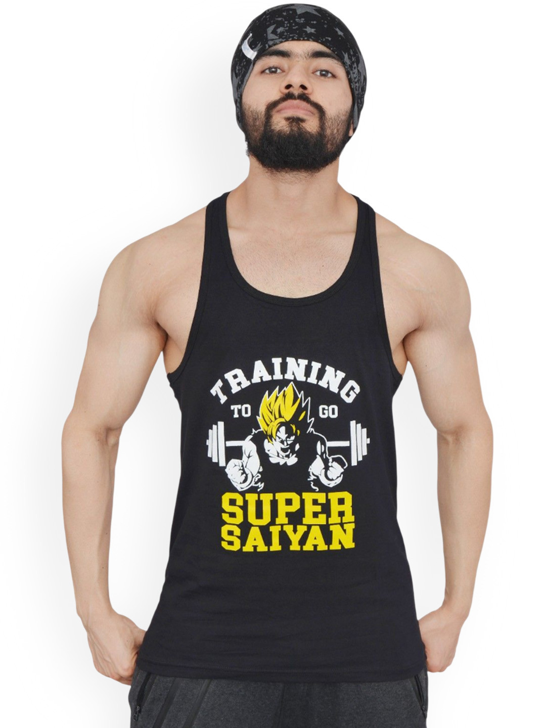 

Anax Aesthetics Men Cotton Printed Sleeveless Grafiko Sando Gym Vest Stringer Tank Top, Black
