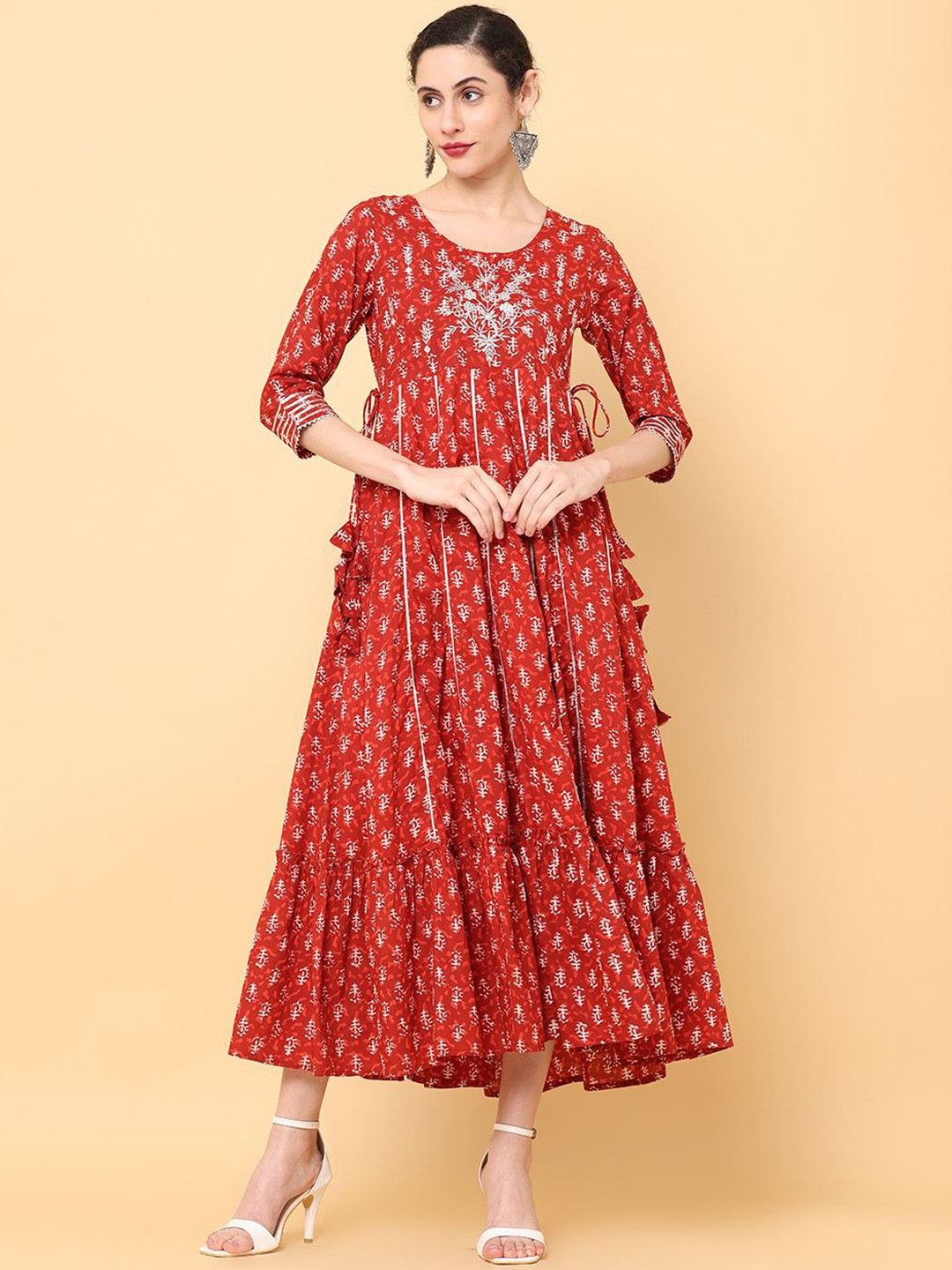 

all about you Embroidered & Printed Cotton Maxi Ethnic Dress, Pink