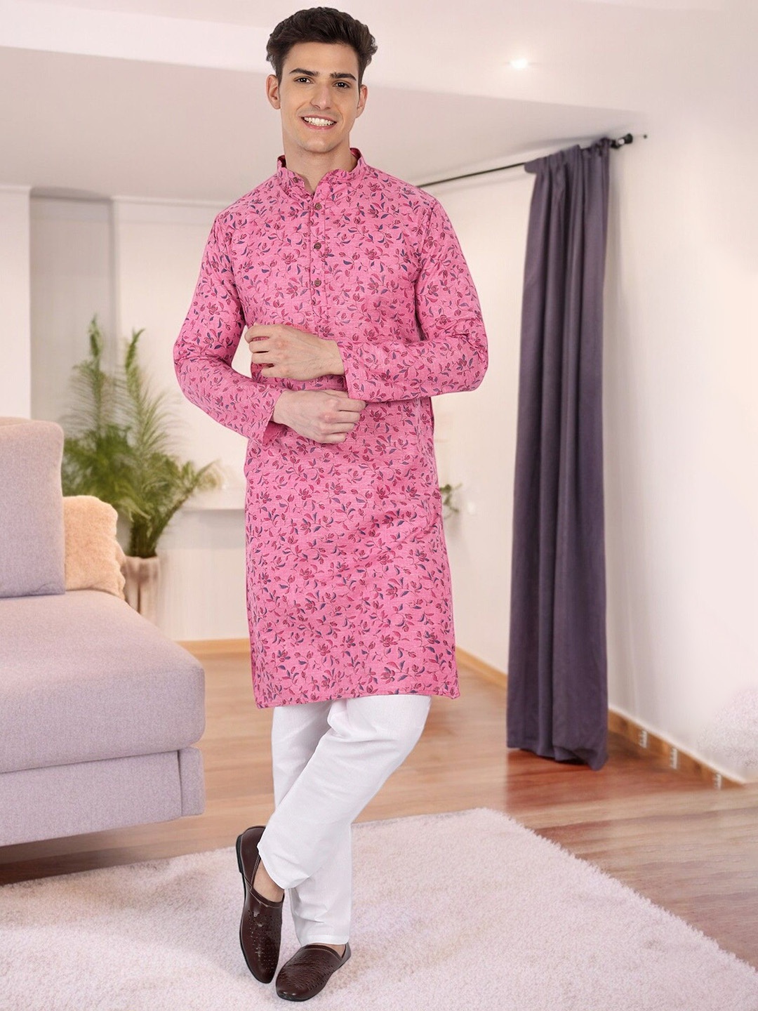 

Moda Rapido Floral Printed Band Collar Pure Cotton Straight Kurta With Pyjamas, Pink