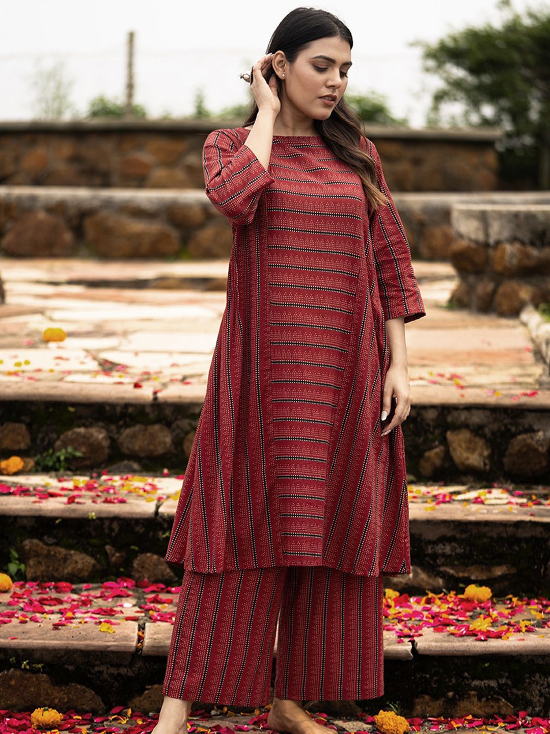 

JITI Sundari Striped Boat Neck Pure Cotton A-Line Kurta With Palazzos, Red