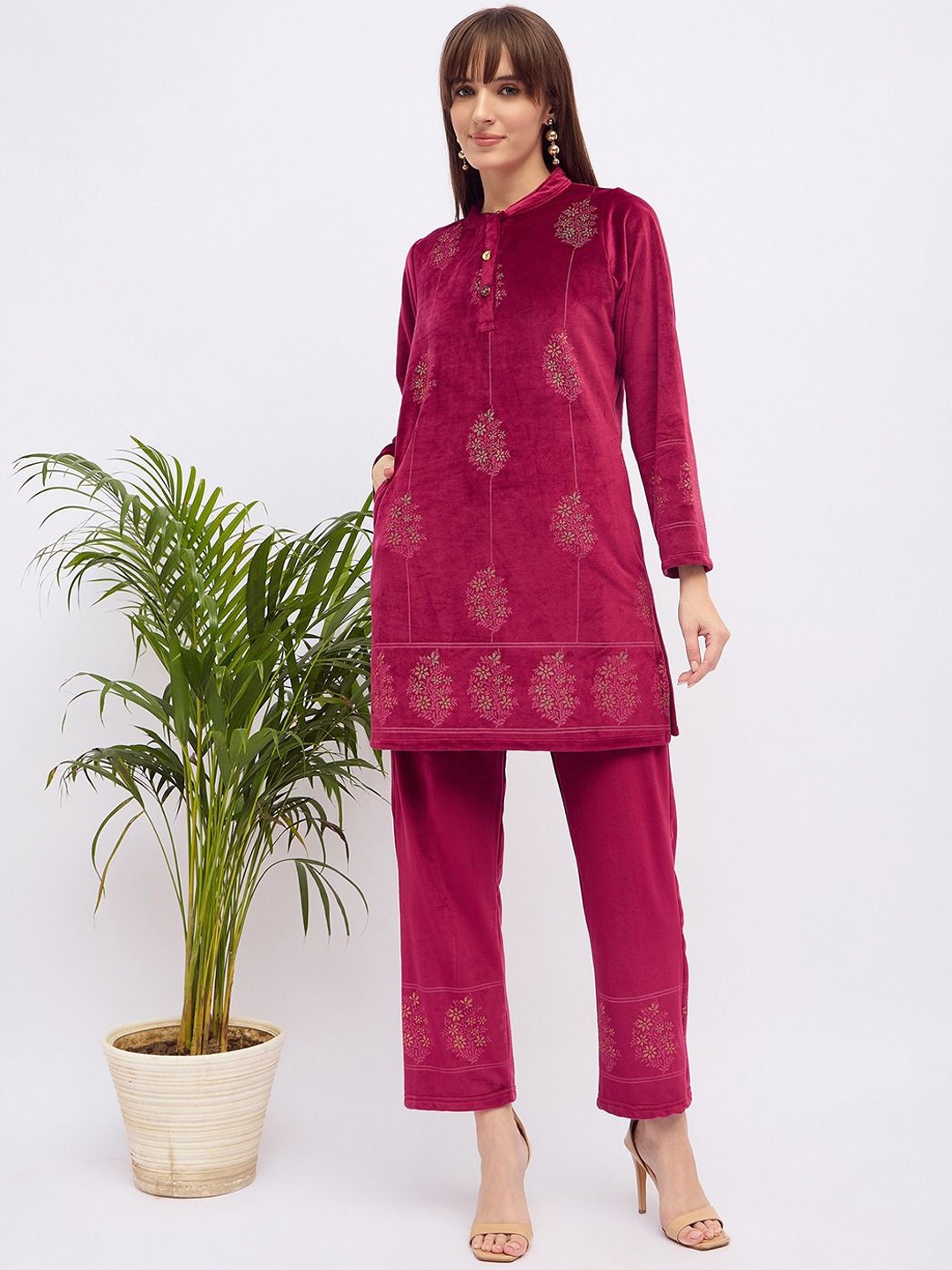 

UNEMODE Printed Round Neck Tunic And Trouser, Maroon