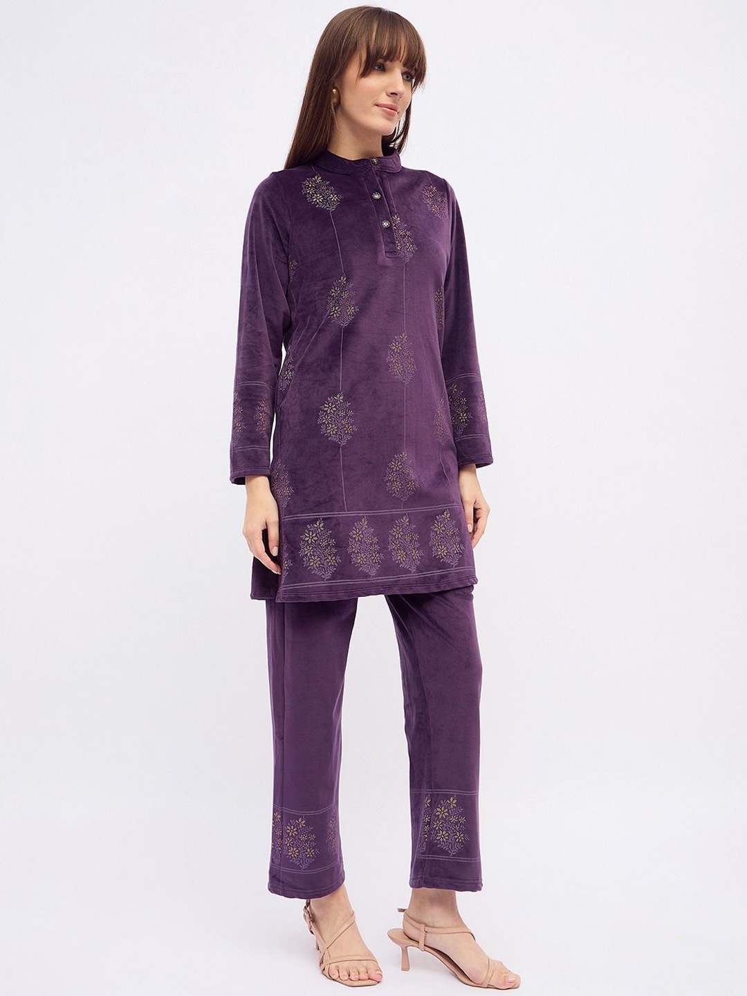 

UNEMODE Printed Band Collar Tunic And Trouser, Purple