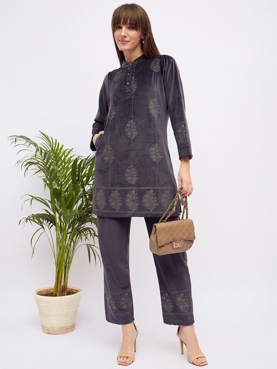 

UNEMODE Printed Band Collar Tunic And Trouser, Grey