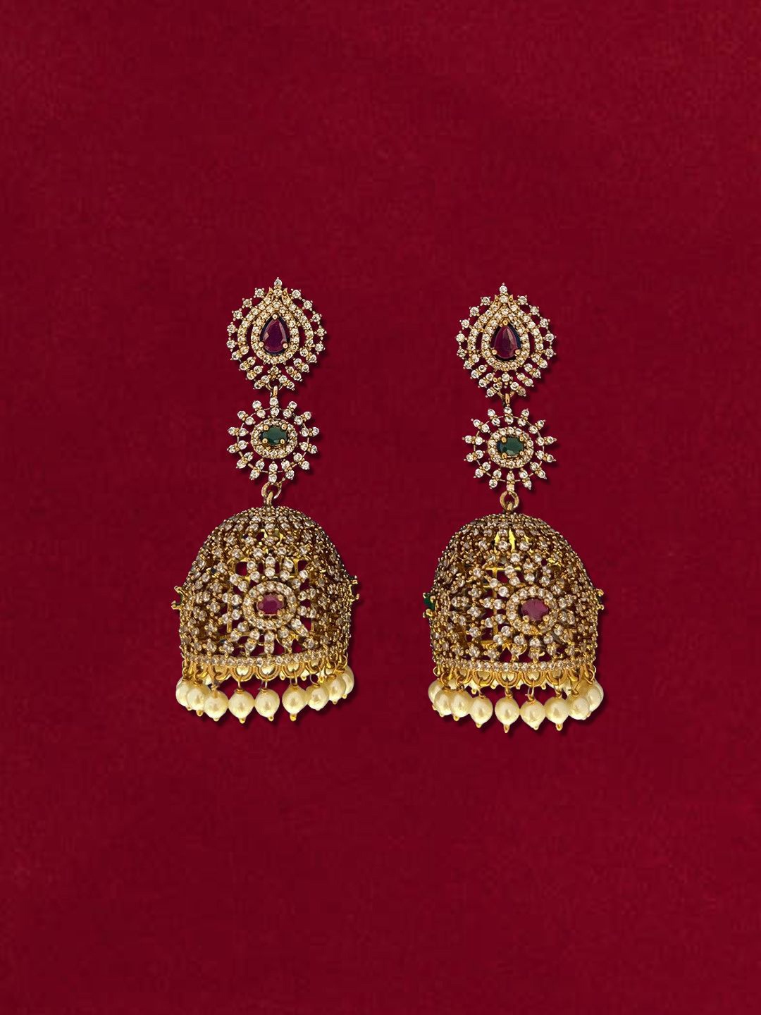 

Kalakrith Milano Gold Plated Cubic Zirconia Studded Dome Shaped Jhumkas