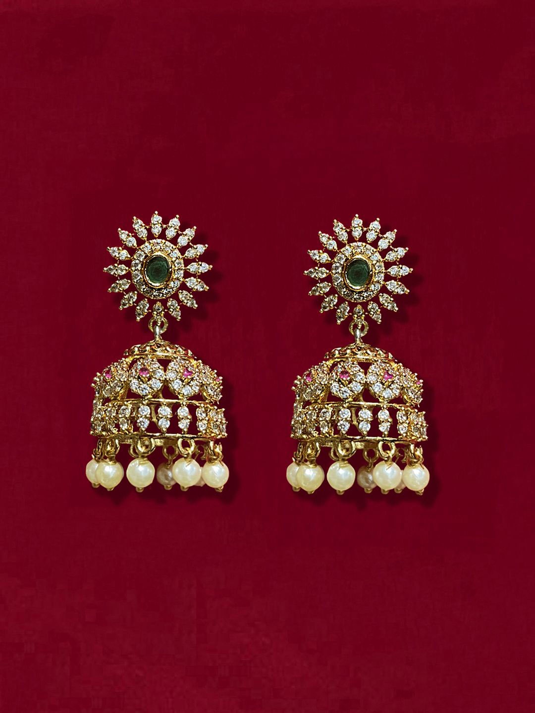 

Kalakrith Milano Gold Plated Cubic Zirconia Studded Dome Shaped Jhumkas