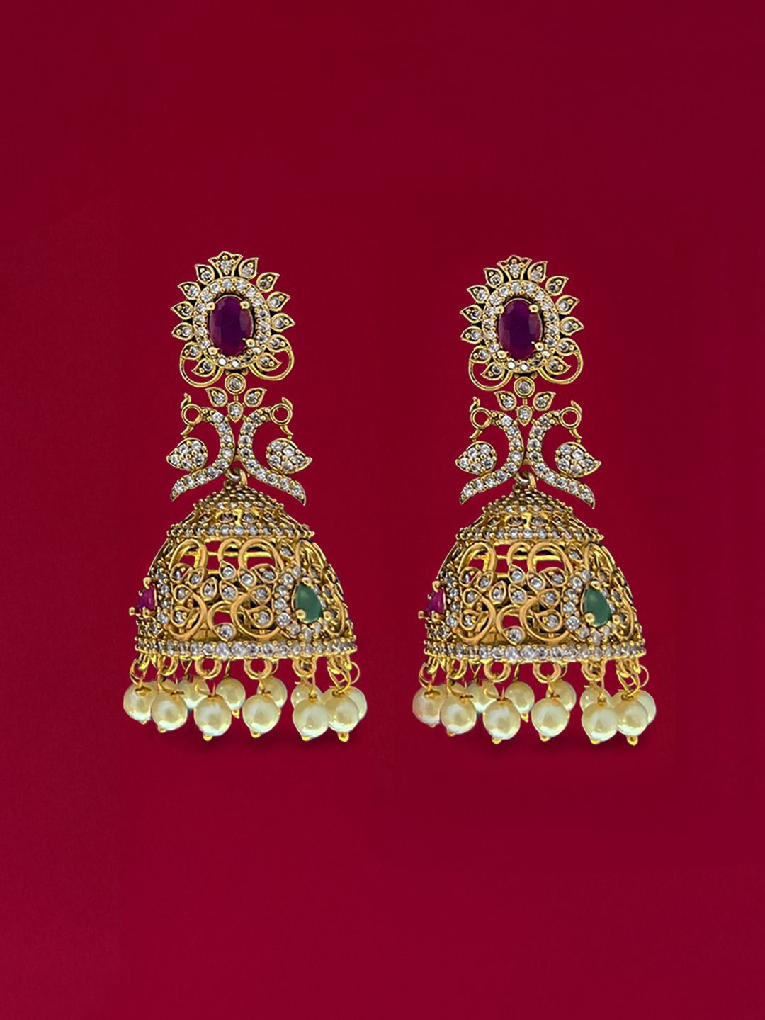 

Kalakrith Milano Gold Plated Cubic Zirconia Studded Dome Shaped Jhumkas