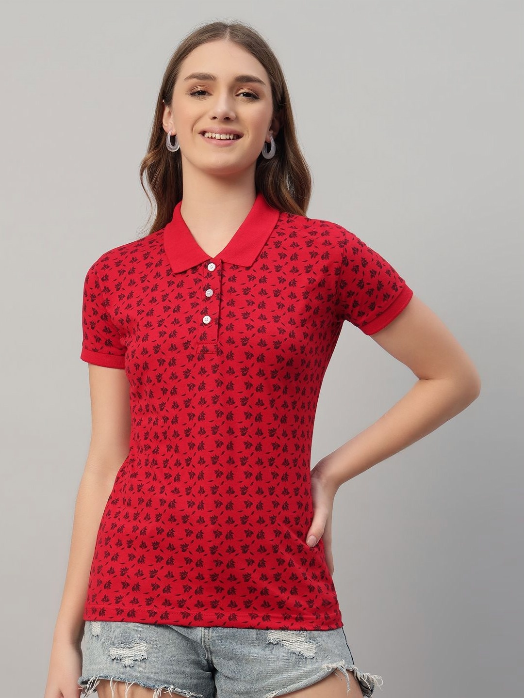 

RISS Women Floral Printed Polo Collar Cotton T-shirt, Red